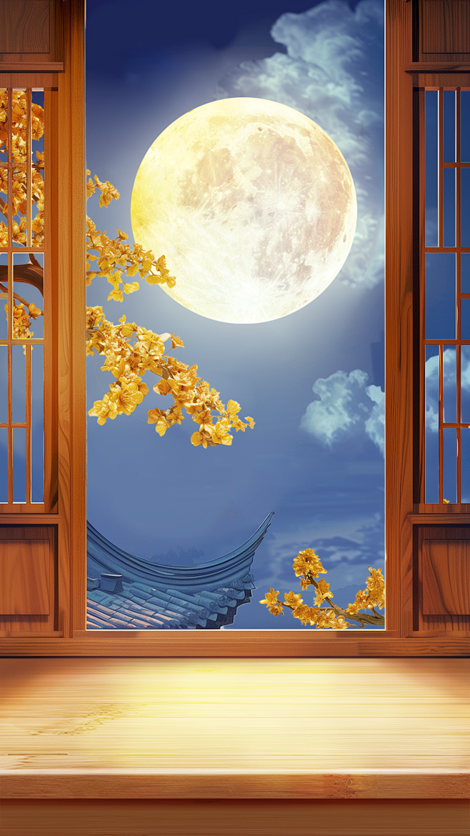 花瓣素材_中秋节古风建筑展台背景图片_1...