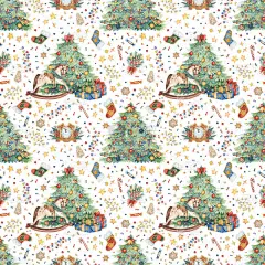 手绘圣诞图案，装饰圣诞树，礼品盒，花环，圣诞长袜和糖果。用于包装纸、织物和设计的明亮无缝水彩背景.