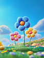 3D cartoon game scene, three flowers made of colorful velvet in the air with green grass and blue sky background, Bright velvet texture, Fuzzy velvet fabric, inspired in the style of Pixar animation with exaggerated shapes and bright colors, exaggerated m