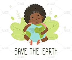 可爱的非洲裔美国女孩坐在地球上拥抱着地球。可爱的非洲式发型的孩子拯救和平。