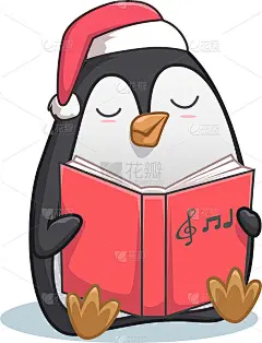 可爱的卡通企鹅戴着圣诞帽看书