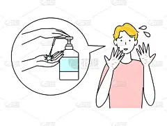 皮肤护理可爱的男人伤心与手粗糙的皮肤与酒精消毒插画简单向量皮肤护理。一个可爱的家伙，他很伤心，因为他