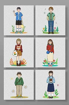 手绘卡通五四青年男女人物组合元素插画