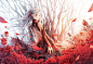 Anime 1900x1300 dress lifting skirt rose trees flowers