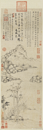                                                                                                                         #元四家#【 元 倪瓒 《桐露清琴》 】立轴，纸本，水墨，90.1×30cm，台北故宫博物院藏。 石渠宝笈初编御书房著录。款题云：暮投斋馆静。城郭似幽林。落月半床影。凉风鸣鹤音。汀云萦远梦。桐露湿清琴。卑喧净尘虑。萧爽集冲襟。至正癸未岁（1343年）八月云林子倪攒。
 