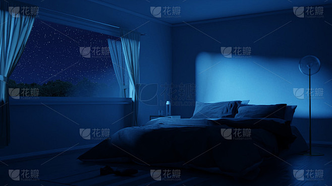 卧室的3d渲染与舒适的低床在晚上