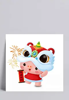 手绘插画拜年的小猪和烟花|春联,恭喜发财,拜年的小猪,猪年