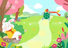 童话故事龟兔赛跑儿童绘本插画  - 源文件下载【酷图网】龟兔赛跑,兔子,乌龟,比赛,赛跑,童话故事,幼教,儿插,插画,插图,卡通,植物,花,小路,童话,绘本,跑步,教材,