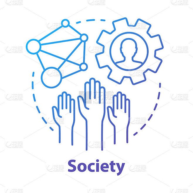 社会概念图标。社区、社会融合与关系理念的细线说明。社会责任，团结和宽容。矢量孤立轮廓图