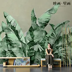 北欧手绘简约芭蕉叶壁纸现代植物壁画客厅电视背景墙纸无纺布墙布-淘宝网