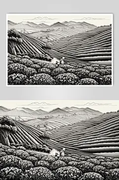 AI数字艺术复古铜版画茶园茶叶插画-众图网