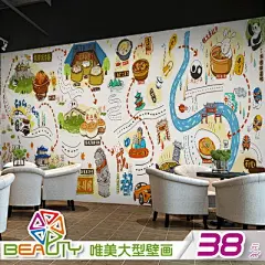 3D手绘涂鸦城市特色美食地图大型壁画餐厅小吃店拉面饭店墙纸壁纸-淘宝网