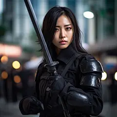 (2/4)一位年轻的亚洲女性戴着口罩和盔甲在户外城市场景中，以黑暗而爆炸性的风格，类似于Sandara Tang，使用photo-realistic技术，使用UE5，zone focusing和Ruan Jia进行拍摄，具有实用性的感觉(AI绘图来自WeDraw.art)