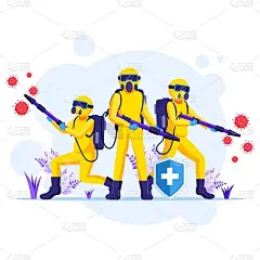 身着防护服的消毒工人团队喷洒清洁和消毒covid-19冠状病毒细胞插图