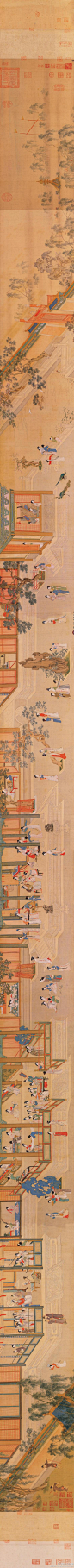 #中国十大传世名画#【 明 仇英 《汉宫春晓图》 】卷，绢本重彩，37.2×2038.5cm，台北故宫藏。以汉代宫廷为题，描绘后宫佳丽百态。全画构景繁复，用笔清劲而赋色妍雅，林木、奇石与华丽的宫阙穿插掩映，铺陈出宛如仙境般的瑰丽景象。除却美女群像之外，复融入琴棋书画、鉴古、莳花等文人式的休闲活动。