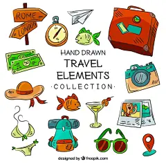 (源站可下源文件)手绘风格的旅行元素集/Set of travel elements in hand drawn style