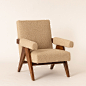 Bouclé Easy Lounge Chair with Arms - Sand : Limited Edition bouclé Easy Lounge Chair, Mid Century Modern walnut lounge chair upholstered in sand bouclé.