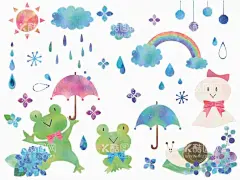 水彩雨季  - 源文件下载【酷图网】水彩雨季,水彩下雨,童趣插画,下雨,雨季,春雨