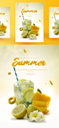 果汁饮料 柠檬 冰块 黄色背景 夏日主题海报PSD_平面设计_海报