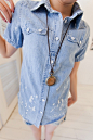  韩版女装2013夏装新款时尚漆点短袖牛仔棉质百搭衬衣