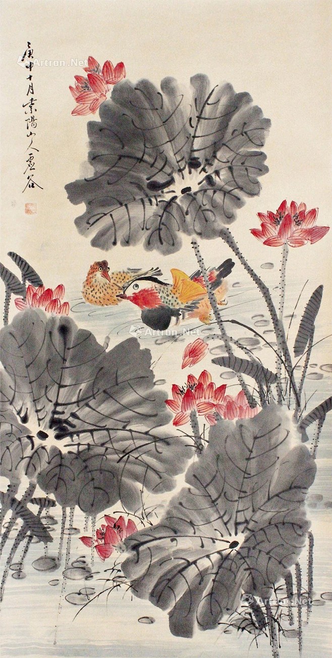 虚谷鸳鸯荷花花鸟立轴欣赏