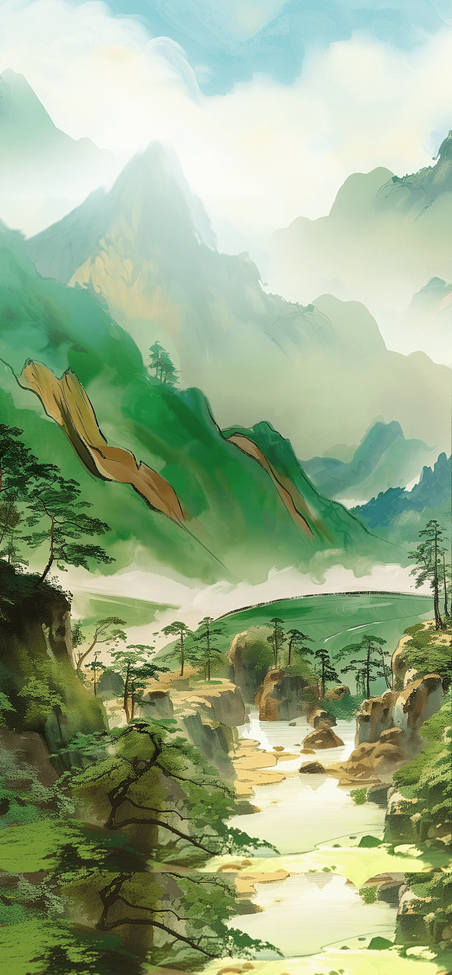 AI建模-渲染-手绘-山林-绿色-