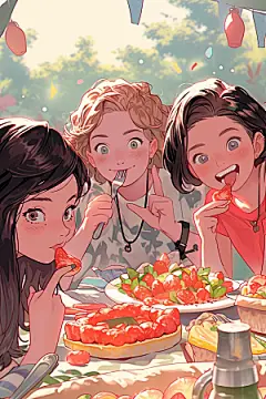 夏日聚会同学漫画风插画