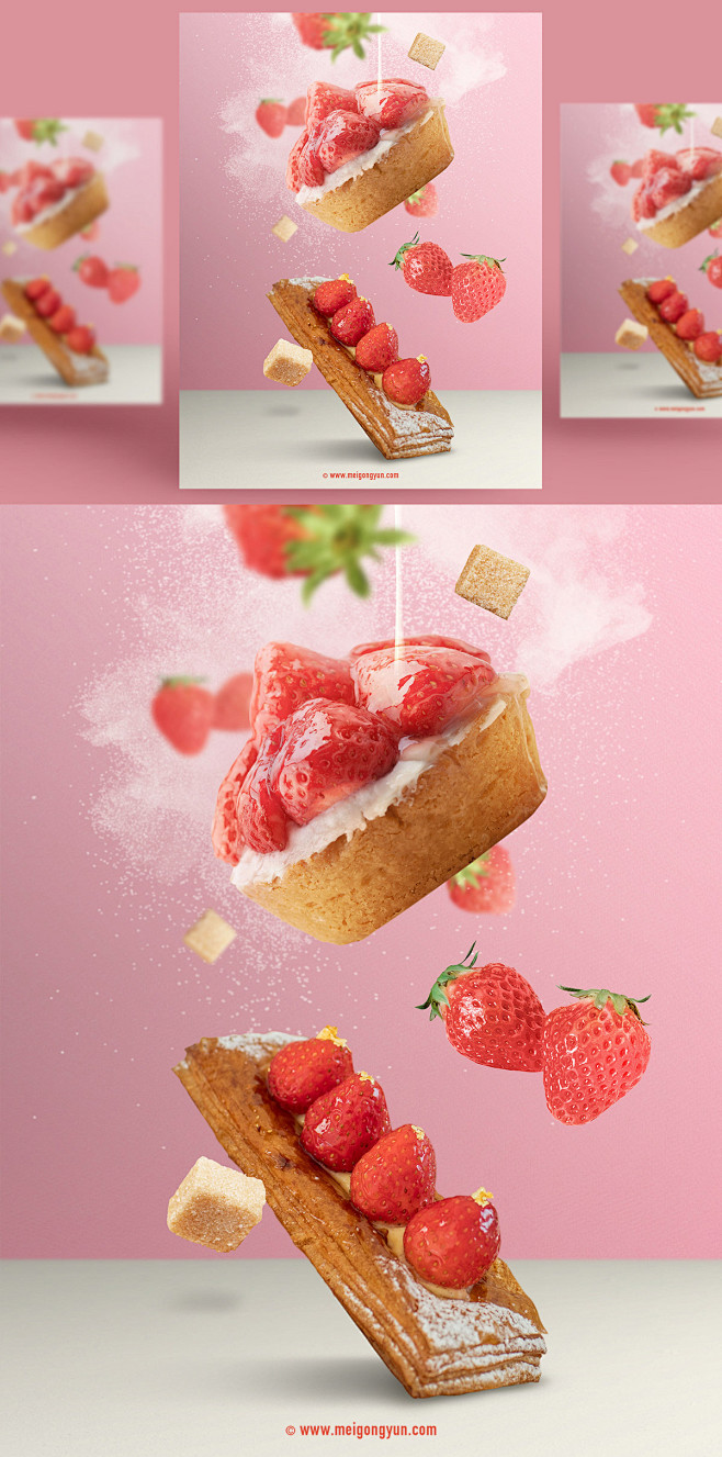 餐饮美食草莓蛋糕悬浮慢动作海报PSD模板...