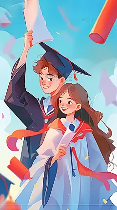 插画毕业季学士帽毕业学生扁平风致青春