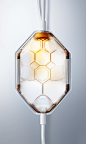 Two plastic hexagons connected to a power cord, in the style of translucent layers, medicalcore, open form, white and gold, realistic detail, rectangular fields, large format lens