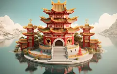 蓝天白云古风建筑3d古风建筑植物树木