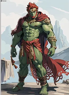 00195-2489085255-green skin, red hair,Ganondorf, male focus, muscular, sarong ,anime absurdres illustration, drawing, (lineart_0