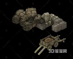 中式 手推车 木箱 茅草 土车3D模型