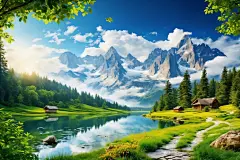 湖面湖水景色画作插画图片