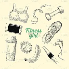 女性健康生活方式手绘涂鸦。健康的元素集。健身房，饮食和运动。矢量图