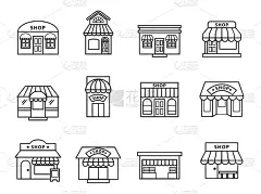 商店和商店建立图标集。线样式股票向量。
