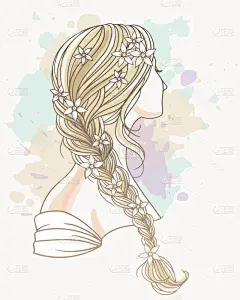 带着魔女的女孩从后面配花的婚纱样式,手绘矢量轮廓图解.