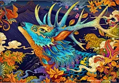 中国插画师RLoN的浮世绘风格手绘鹿插画作品