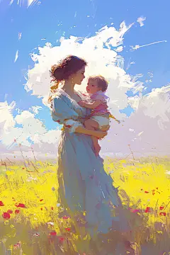 母子拥抱母亲节油画风插画