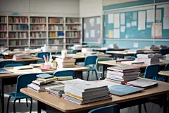 中学教室课桌椅场景摄影图