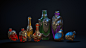 Grim Potions Pack, Shadeocai I : This is a low-poly PBR pack of fantasy magic potions that I've been working on lately.
The colors of glass and metal can be customized in the base color PSD.
If you need a potion set for your game, here is a link to it:
ht