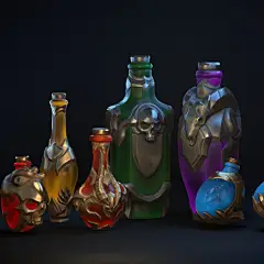Grim Potions Pack, Shadeocai I : This is a low-poly PBR pack of fantasy magic potions that I've been working on lately.The colors of glass and metal can be customized in the base color PSD.If you need a potion set for your game, here is a link to it:ht