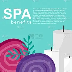 矢量插图。有毛巾和蜡烛的水疗福利海报。宣传绿色植物水疗的海报