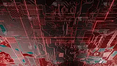 数字电子电路板。许多发光的线条和几何元素的抽象结构。创新科技的概念。发光和金属元素的黑色背景。三维渲