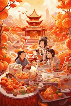 新年主题龙年除夕夜年夜饭插画