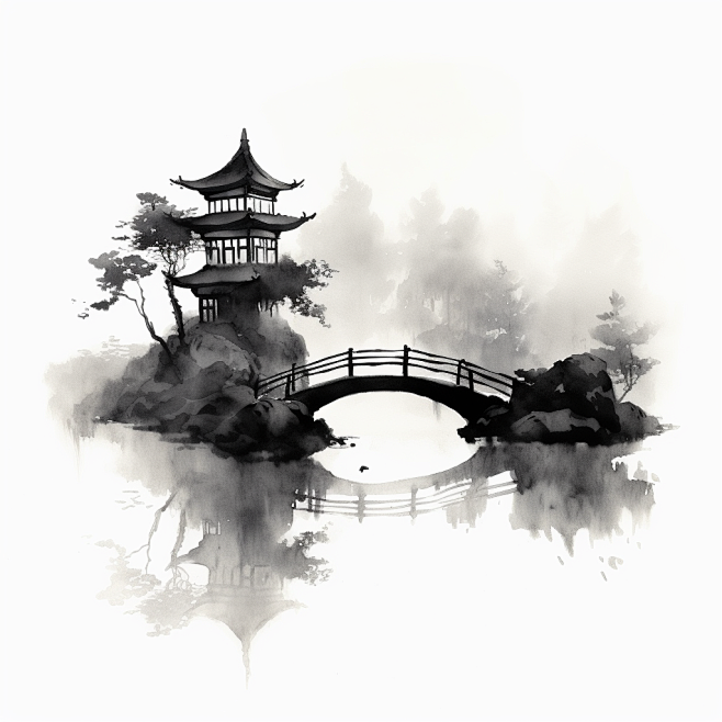 设图水彩黑白中国风水墨山水风景插画