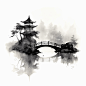 设图水彩黑白中国风水墨山水风景插画