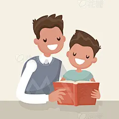 Father reading a book to his  son. Vector illustration