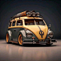 This may contain: an old vw bus with surfboards on top is shown in this artistic photo