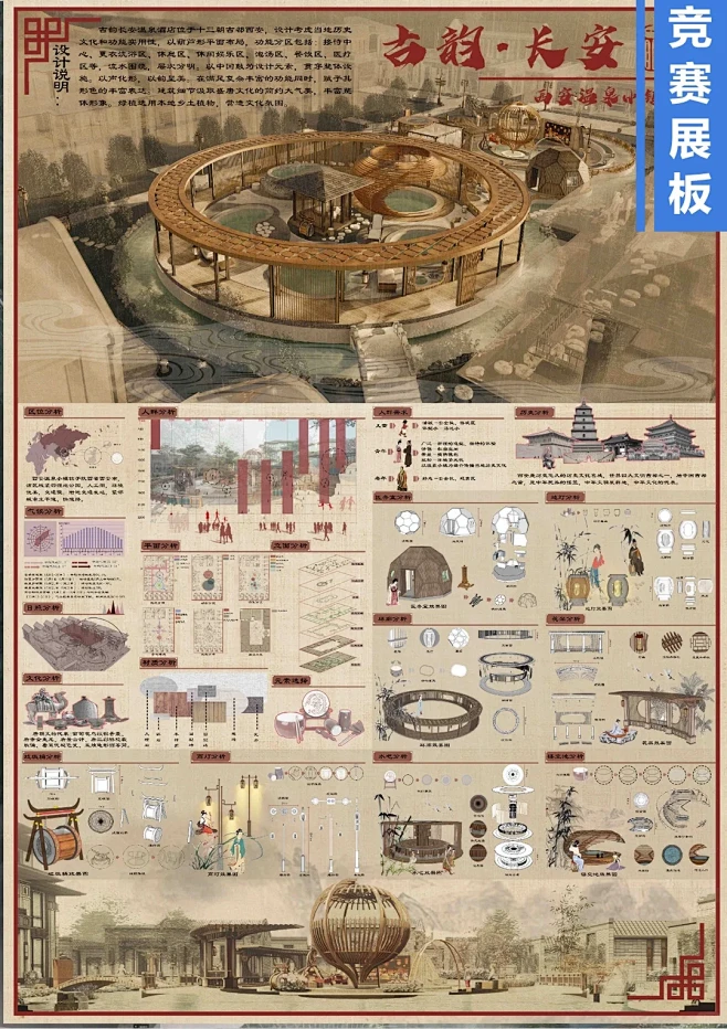 竞赛展板｜红、黄色调景观设计、古风效果图 - 小红书